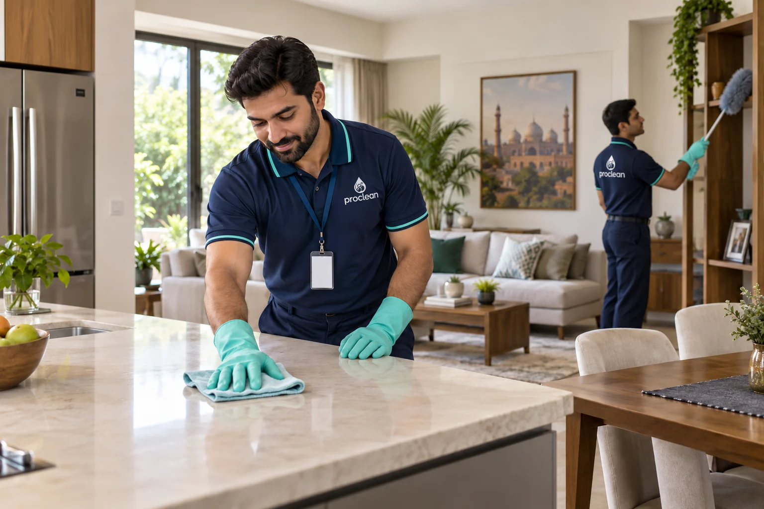 Illustrative scene of housekeeping staff wearing ProClean uniforms while cleaning a home