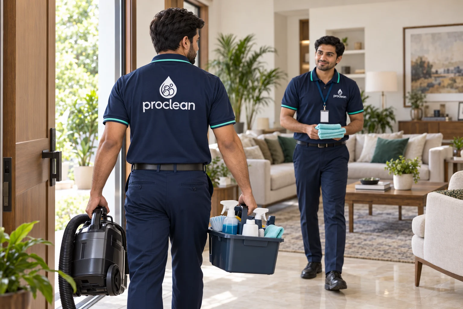 Illustrative scene of staff wearing ProClean uniforms and arriving with cleaning supplies